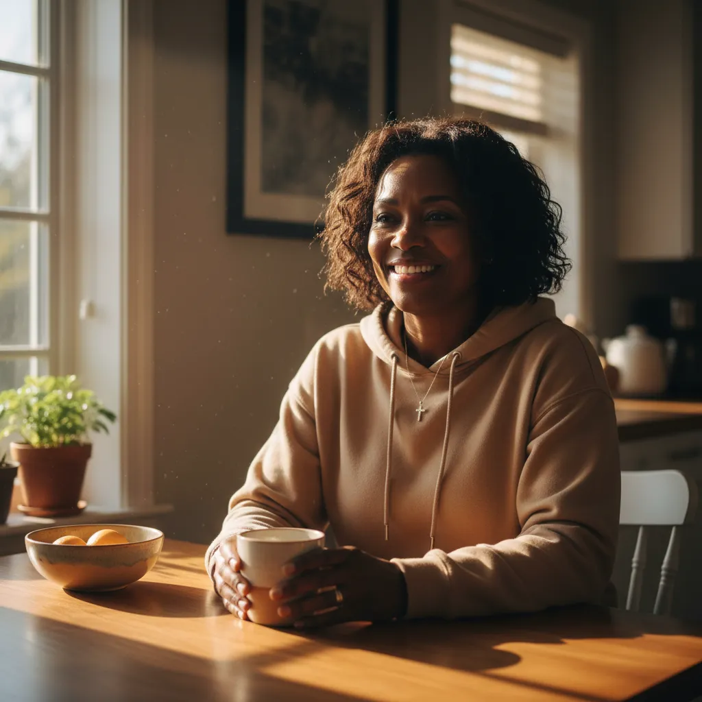A smiling middle-aged Black woman in a tan hoodie with a cross pendant, sitting at a kitchen table with a mug, sunlight streaming in.