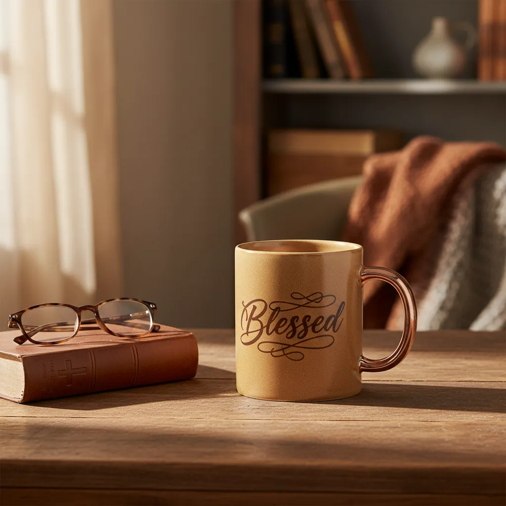 A ceramic mug in tan with a rose gold handle, 'Blessed' in modern calligraphy, set on a wooden table with a Bible and reading glasses nearby.