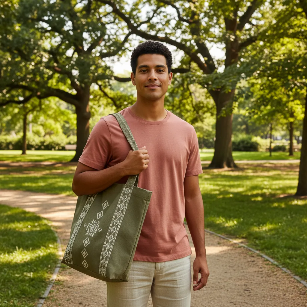 A young Latino man with short hair, wearing a rose gold t-shirt, holding a tote bag, standing in a sunlit park with trees in the background.
