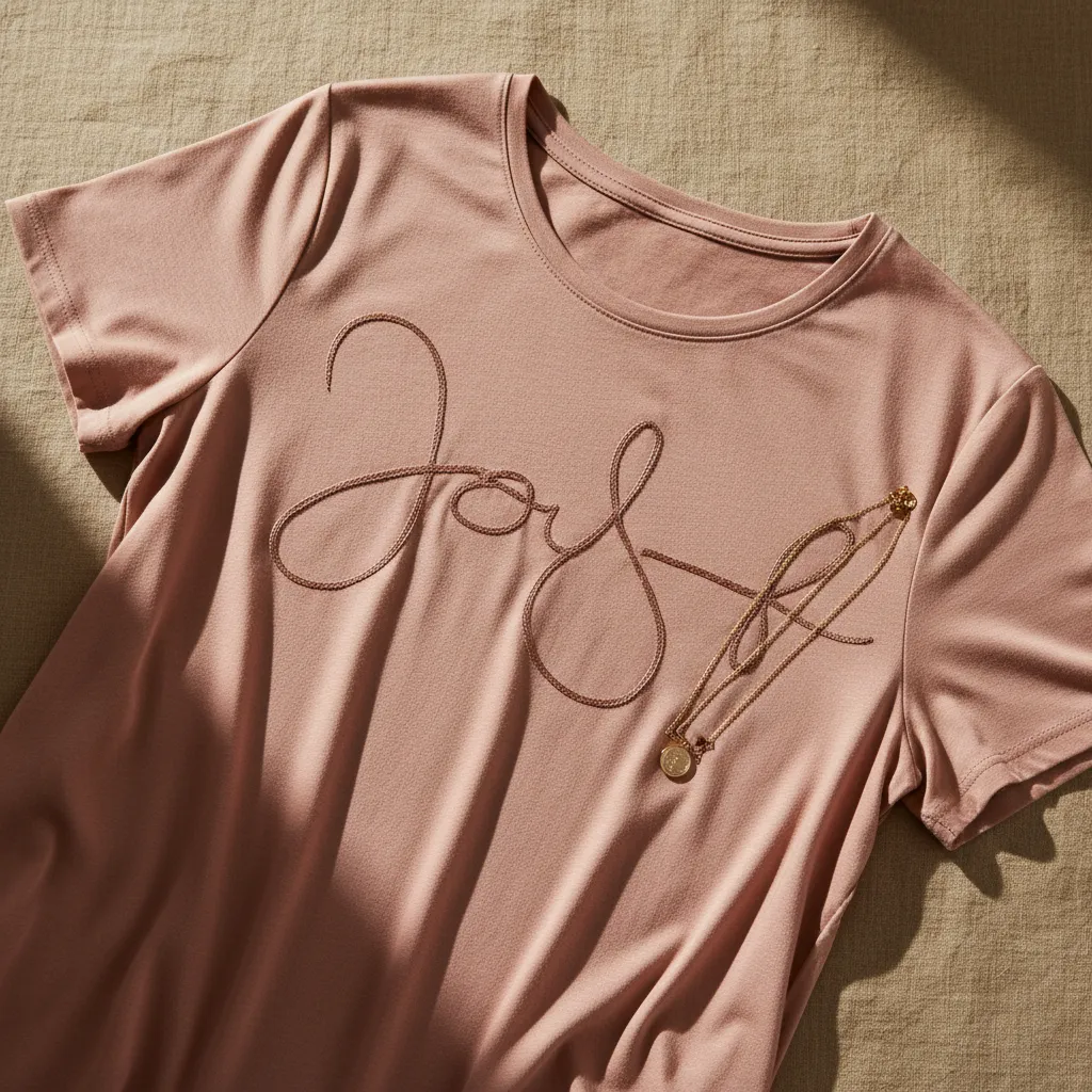 Flat lay of a rose gold t-shirt with 'Grace Wins' in elegant script, placed on a tan linen surface with a delicate gold necklace beside it.