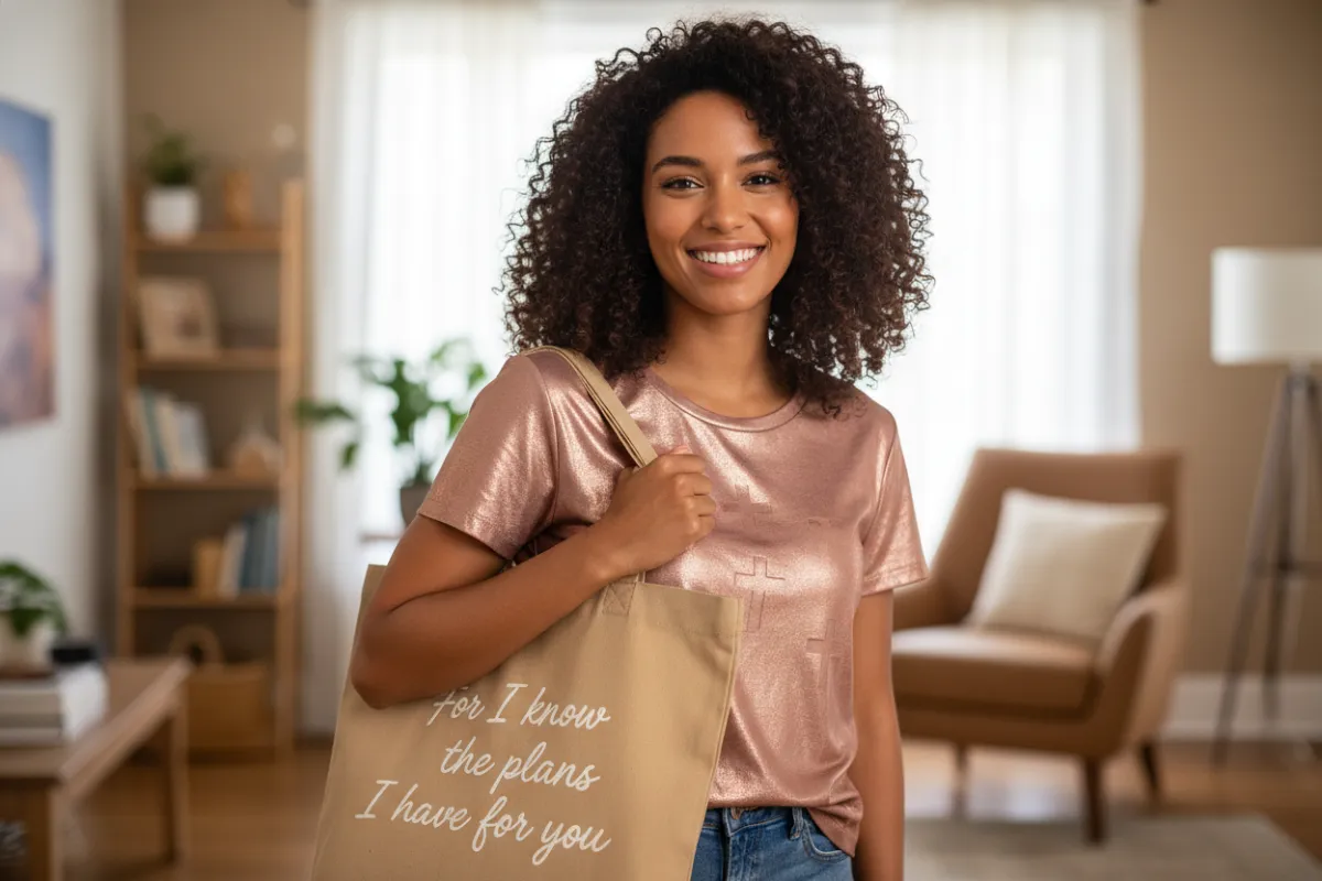 A joyful young woman with medium brown skin and curly hair, wearing a rose gold t-shirt with a subtle cross design, holding a tan tote bag with a scripture verse, standing in soft natural light against a blurred home background.