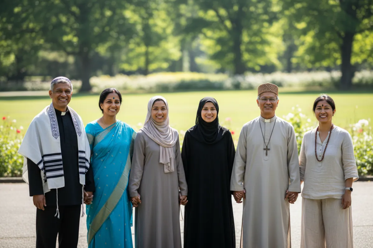 A diverse group of men and women, various ages and ethnicities, standing together outdoors, smiling and holding hands, each wearing different faith-based apparel from the store.