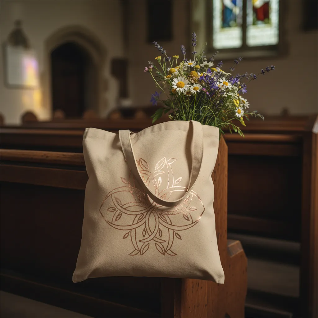 Tan canvas tote bag with 'Faith Over Fear' in rose gold, draped over a church pew, with a bouquet of wildflowers peeking out.