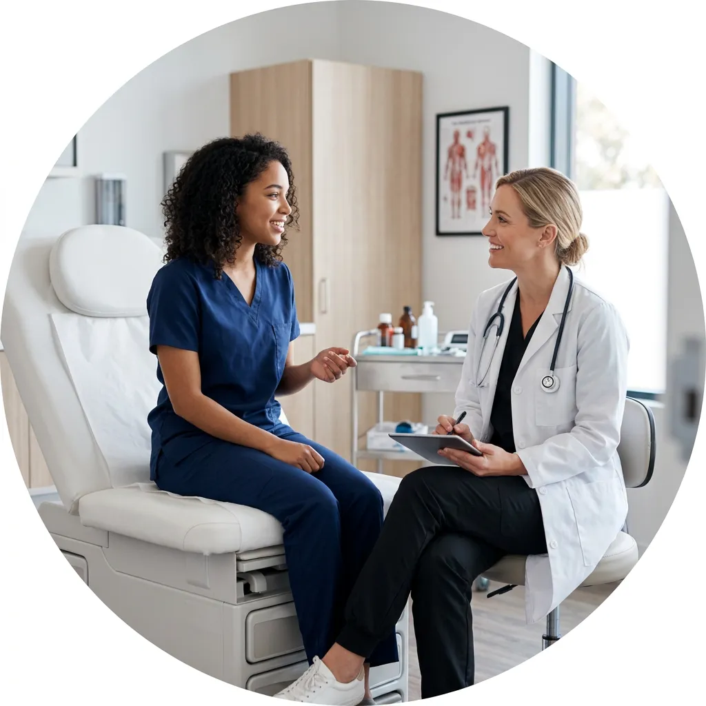 Small circular crop of a woman sitting on an examination table talking to a practitioner