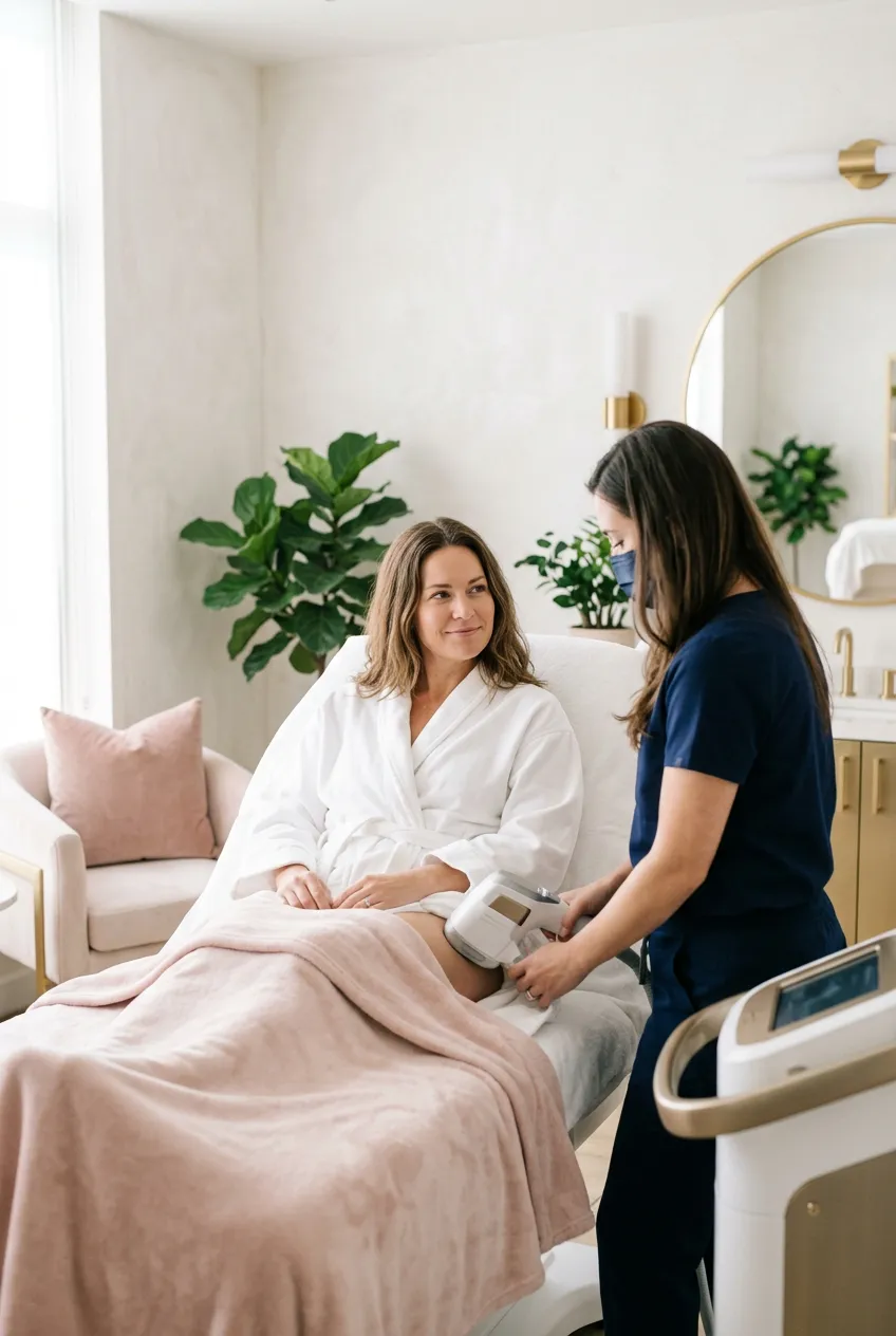 Woman receiving luxury non-invasive body contouring treatment in modern aesthetic med-spa