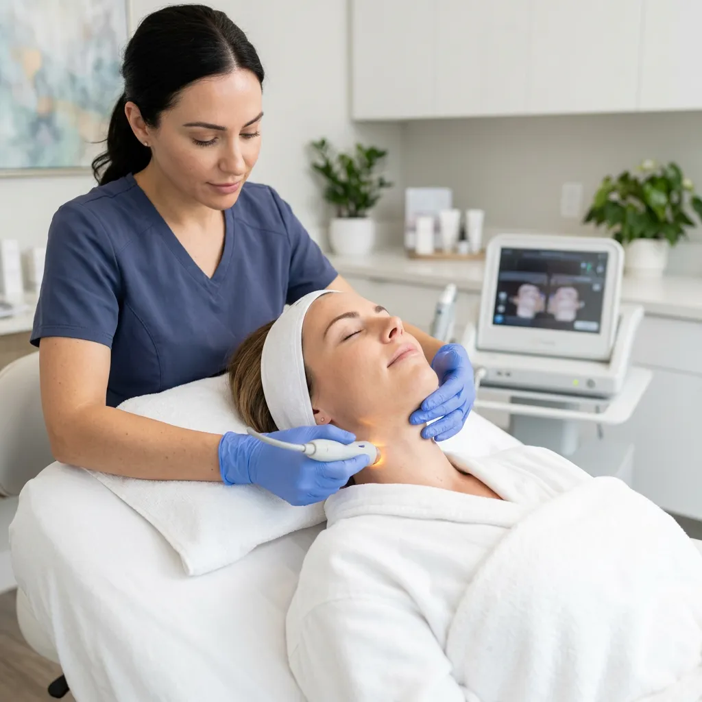Woman receiving a cosmetic treatment on her face/neck area, lying down with a practitioner's hands visible