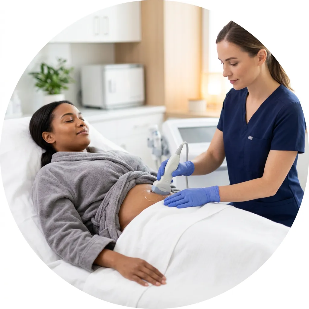 Small circular crop of a woman lying down receiving an abdomen treatment