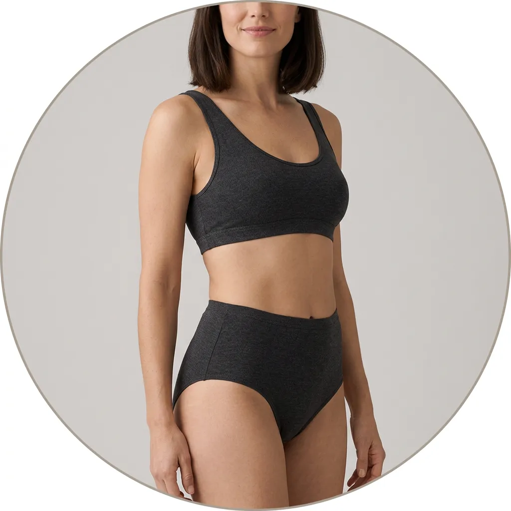 Small circular crop of a woman standing in underwear showing body contours
