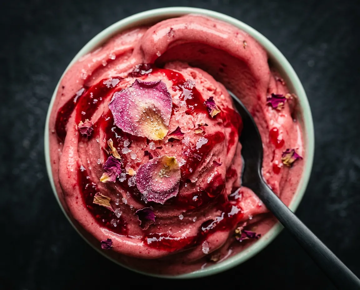 High-key macro food photograph of Raspberry Rose gelato with silky swirls, crystallised rose petals, and crimson raspberry coulis ripples