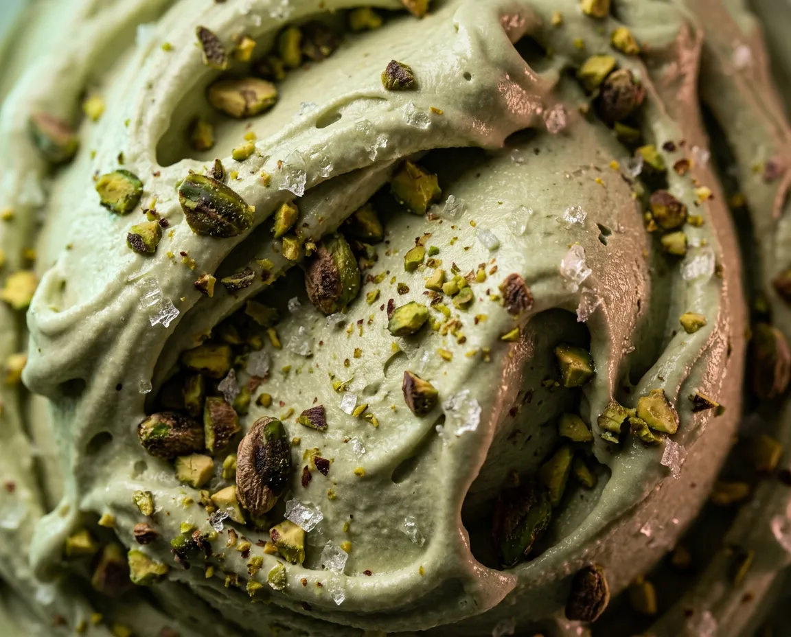 High-key macro food photograph of Pistachio Sea Salt gelato with pale sage green velvet cream, crushed Bronte pistachios, and glistening Maldon sea salt flakes