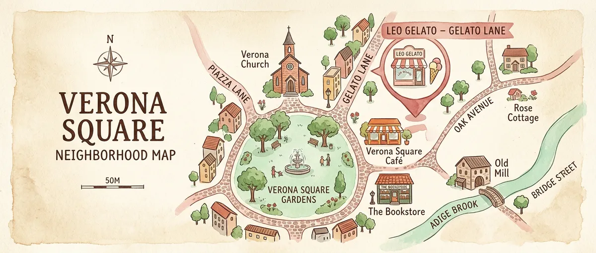 Stylized neighborhood map showing Leo Gelato location on Gelato Lane in Verona Square
