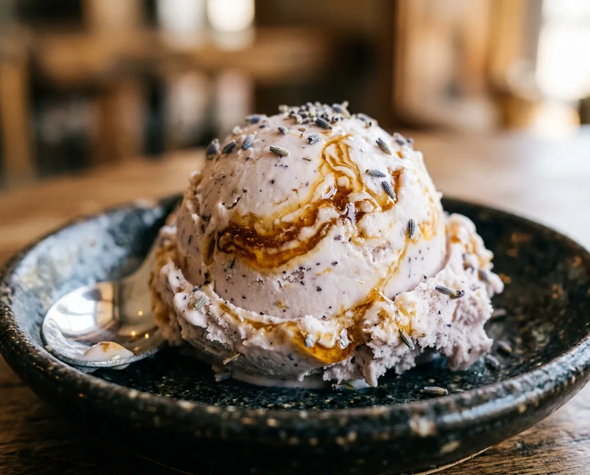 High-key macro food photograph of Honey Lavender gelato with warm ivory cream swirls, amber wildflower honey ribbons, and purple lavender bud dust