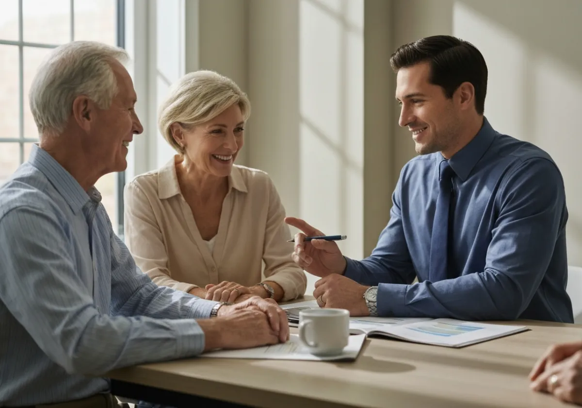 A friendly independent Medicare advisor sitting at a table discussing plan options with a senior couple.