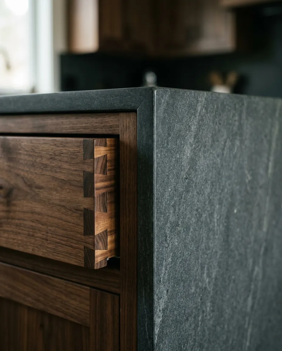 Close-up architectural detail of solid wood dovetail cabinet joints and precision-milled stone countertop edge