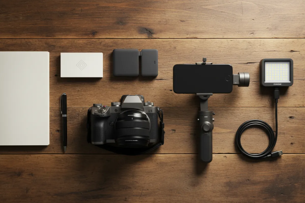 Modern camera and video equipment arranged on a wooden table, with a notepad and branded business card, suggesting a professional, organized approach to creative services for small businesses.