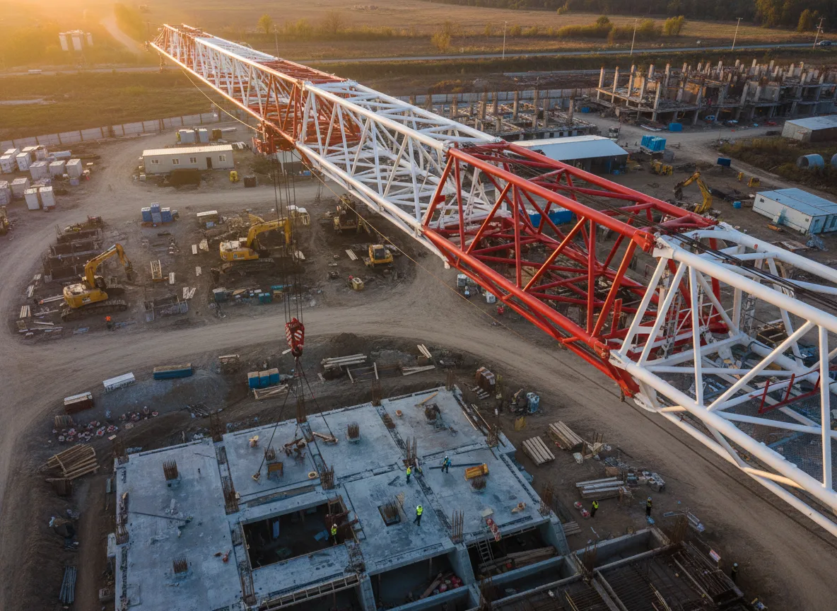 DJI Mini 3 drone flying over an industrial crane site in Jacksonville