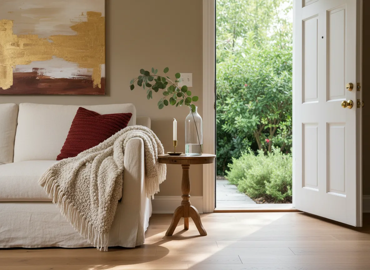 Softly lit living room with warm natural light, calm and inviting.