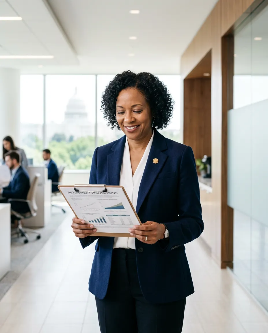 Professional federal employee reviewing Thrift Savings Plan portfolio and retirement projections