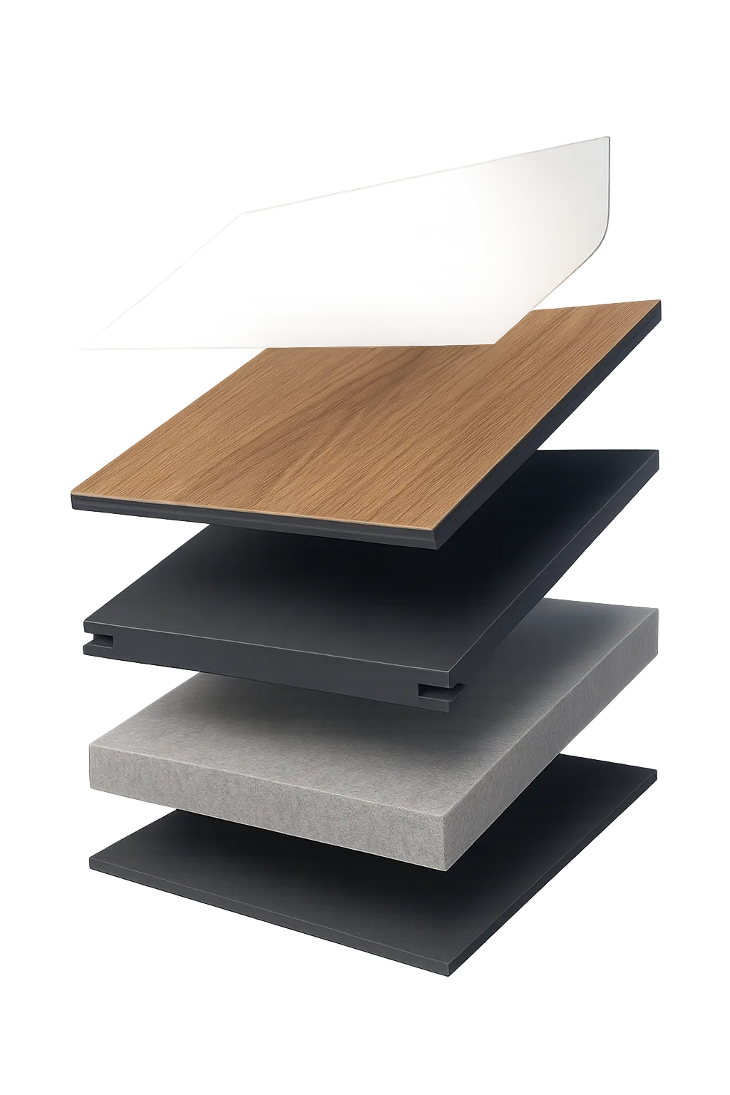 Exploded view of 6-layer SPC flooring construction