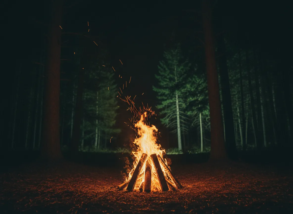 Campfire gathering at night
