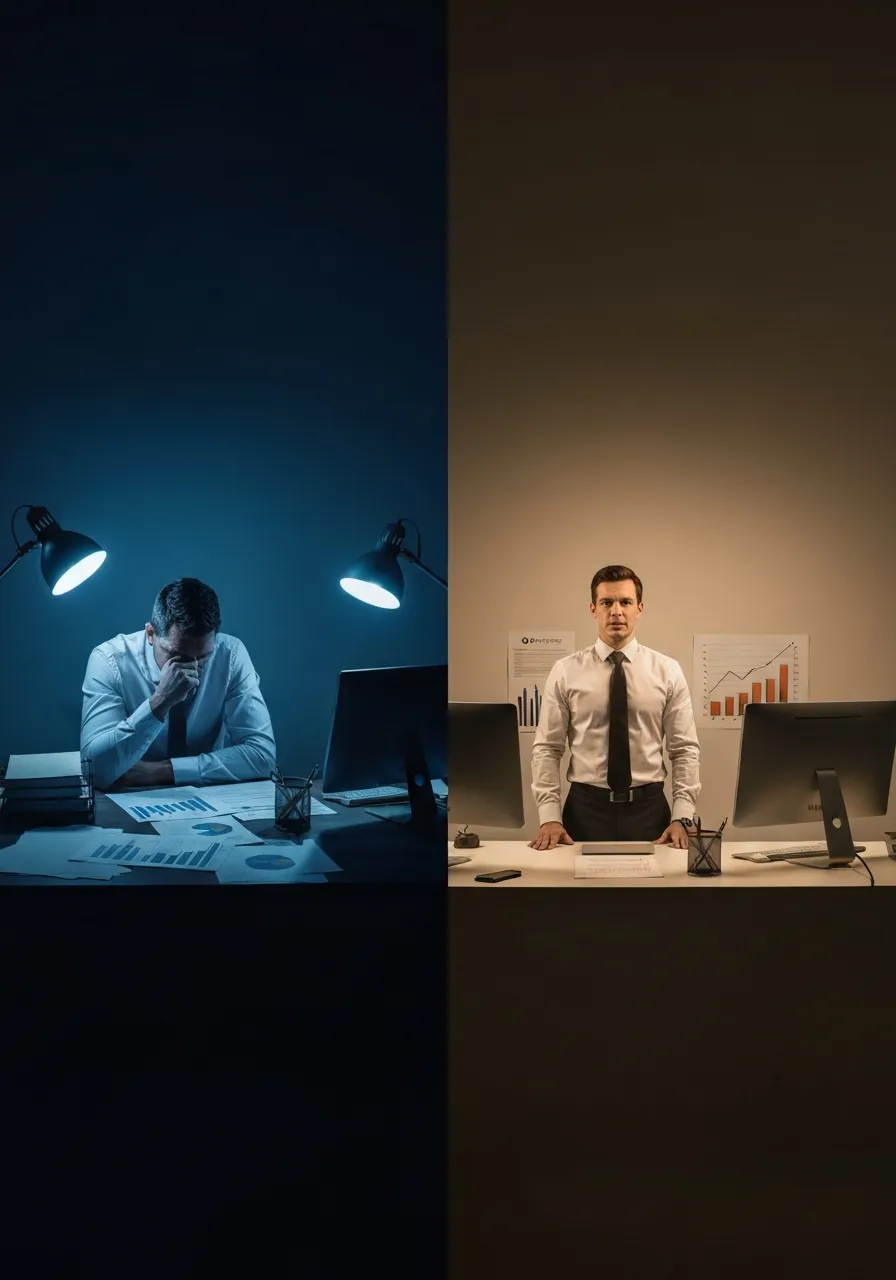 Comparaison visuelle entre un entrepreneur stressé et un dirigeant prospère