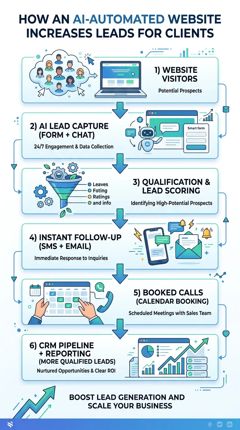 Vertical infographic showing the AI automation lead flow: visitors → capture → qualify → instant follow-up → booked calls → CRM reporting.