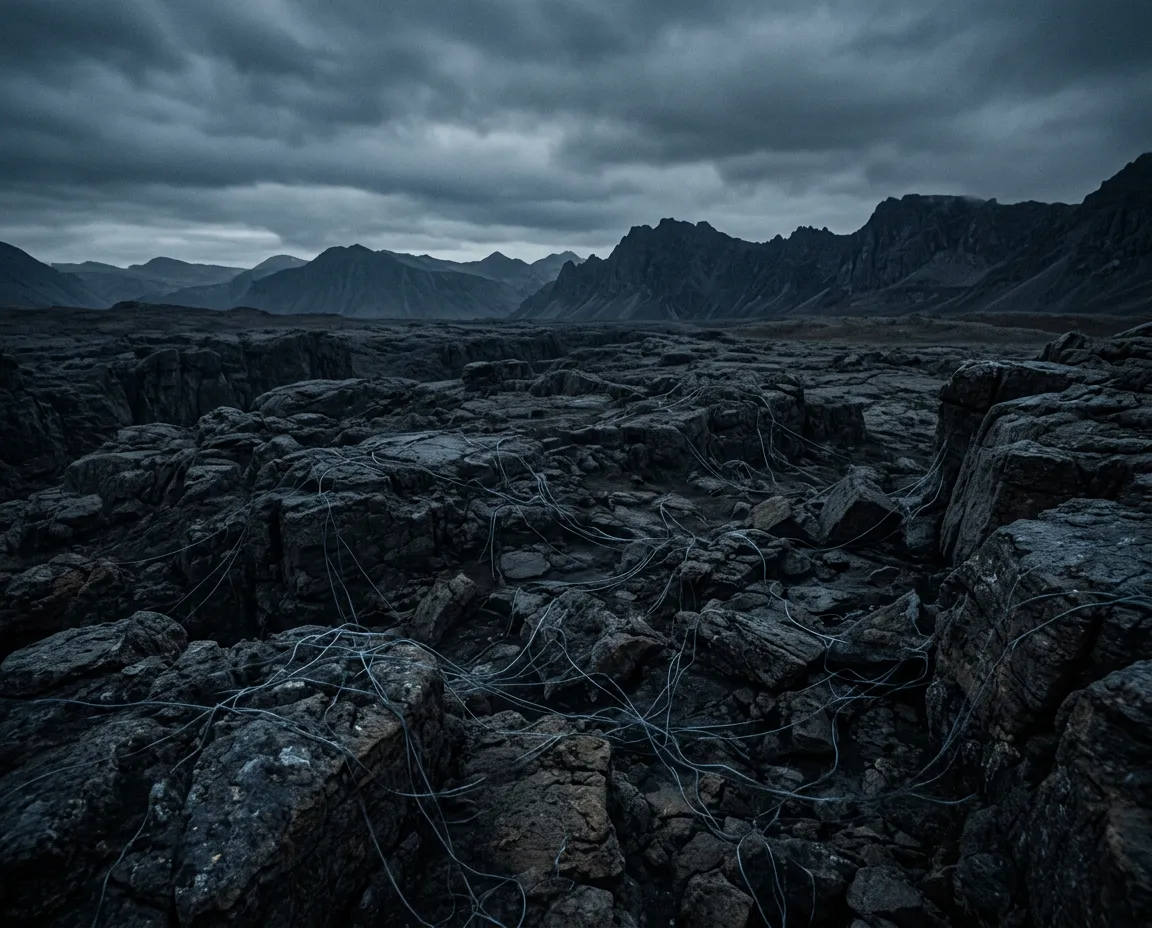 Dormant rocky alpine ridge entangled with cold digital wireframes representing operational plateau and fragmented workflows