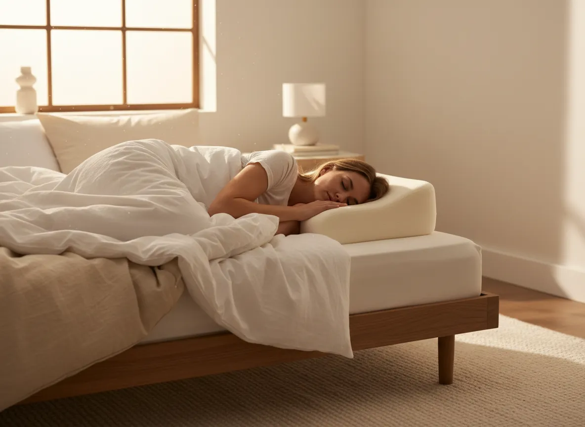 Person peacefully sleeping on ergonomic pillow at sunrise