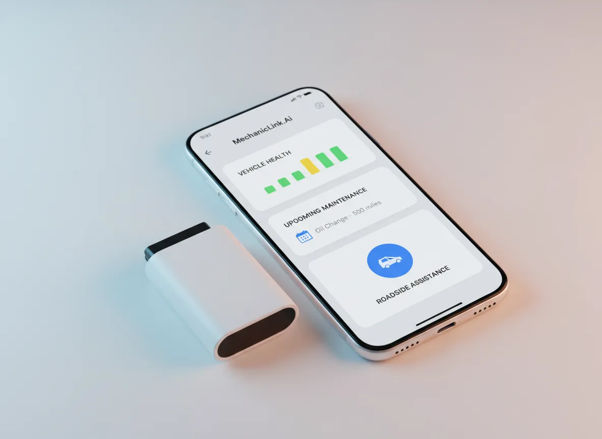 MechanicLink.Ai mobile app and OBD2 dongle mockup