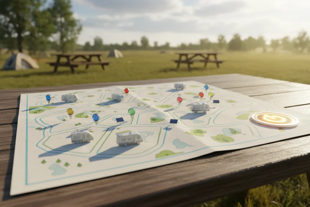 Wide landscape of a sunlit campground map mockup with pins, RV icons, and a highlighted 'Powered by Campsite Concierge' badge