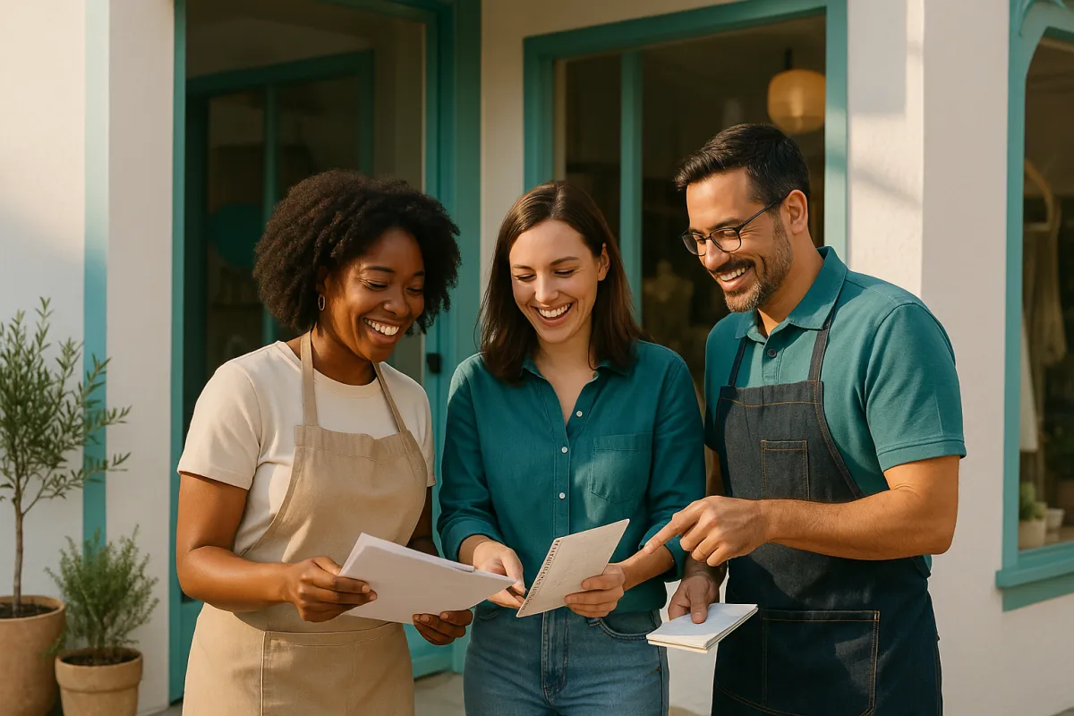 Three small-business owners outside a boutique storefront, exchanging notes and smiling while reviewing a marketing plan, warm morning light, modern clean photographic style, subtle aqua brand accents on signage and apparel, inviting community feel.