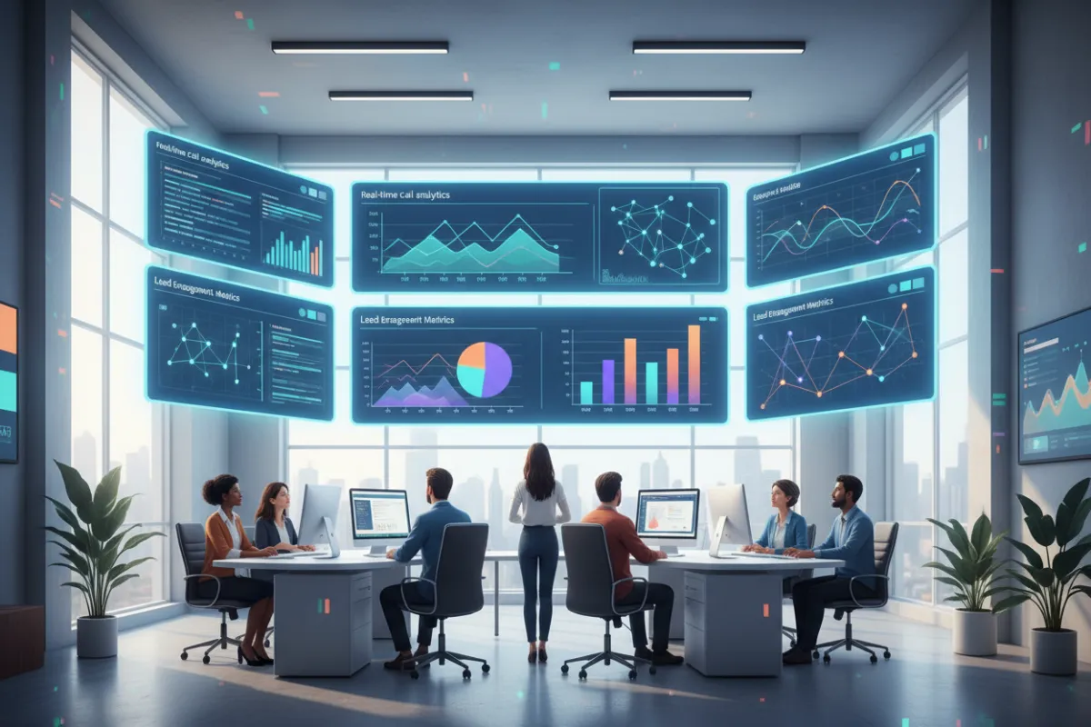 A modern office scene with a diverse team monitoring AI-powered voice agent dashboards, showing real-time call analytics and lead engagement metrics on large screens. The environment is bright, professional, and technology-focused, with subtle branding elements and a collaborative atmosphere.