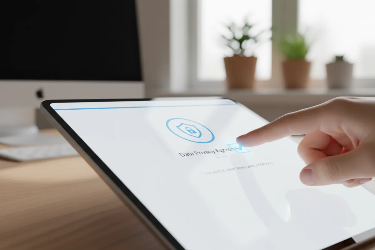 A close-up of a user’s hand clicking a digital consent checkbox on a sleek web form, with a blurred background of a home office. The interface is clean and modern, emphasizing privacy and user control, with a subtle blue accent matching the brand’s palette.