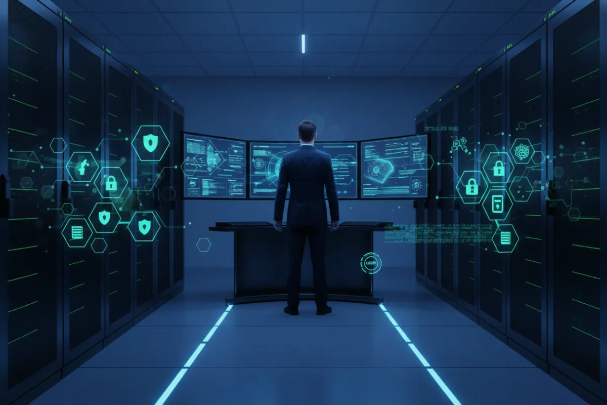 A secure server room with blue ambient lighting, featuring locked data cabinets and digital security icons overlayed. The scene includes a professional IT specialist monitoring encrypted data flows, highlighting robust protection and compliance with privacy regulations.