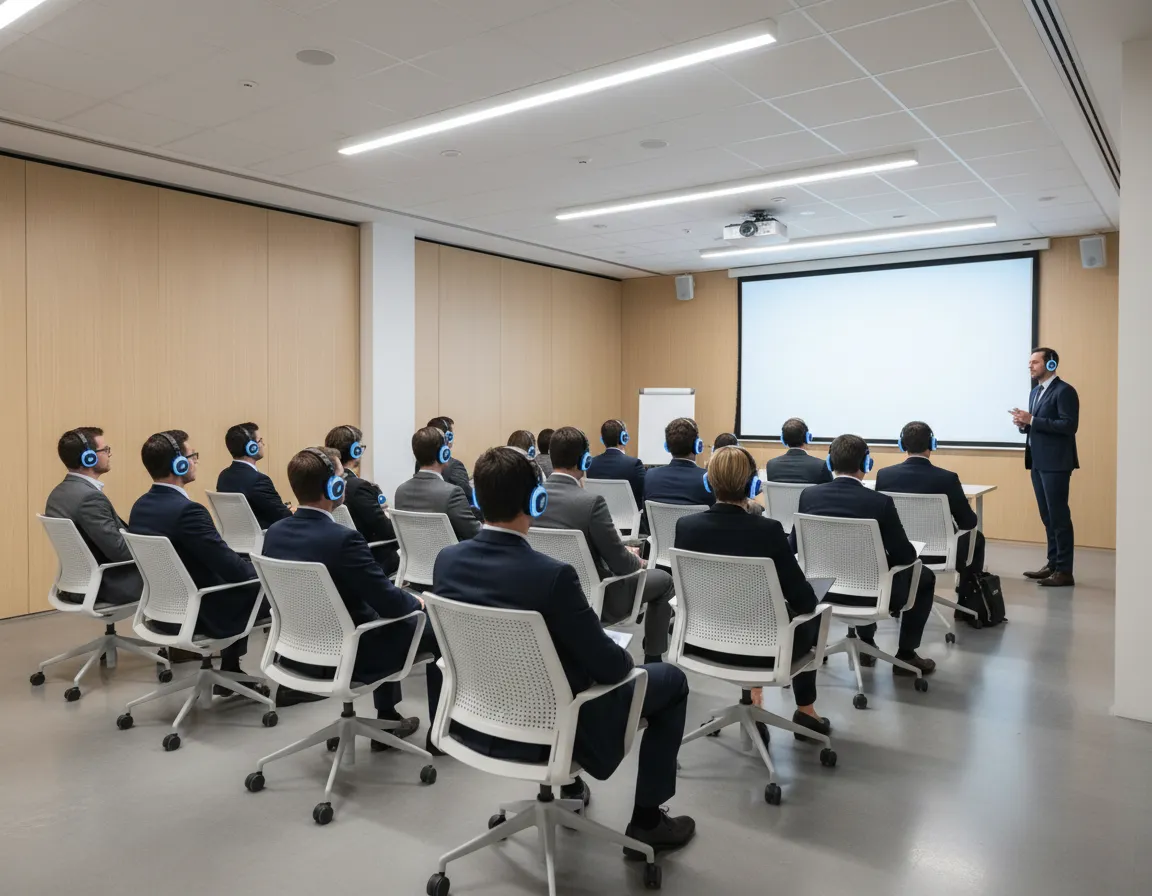 Firemní konference, účastníci poslouchají přednášku přes silent party sluchátka.