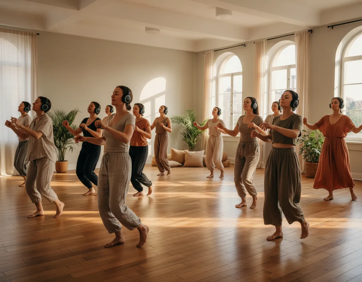 Ecstatic dance session se skupinou lidí tančících v tichém prostoru se sluchátky.
