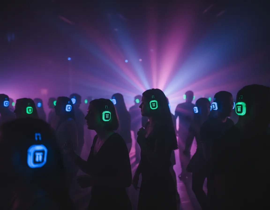 Noční párty s barevným světlem, taneční parket plný lidí se sluchátky.