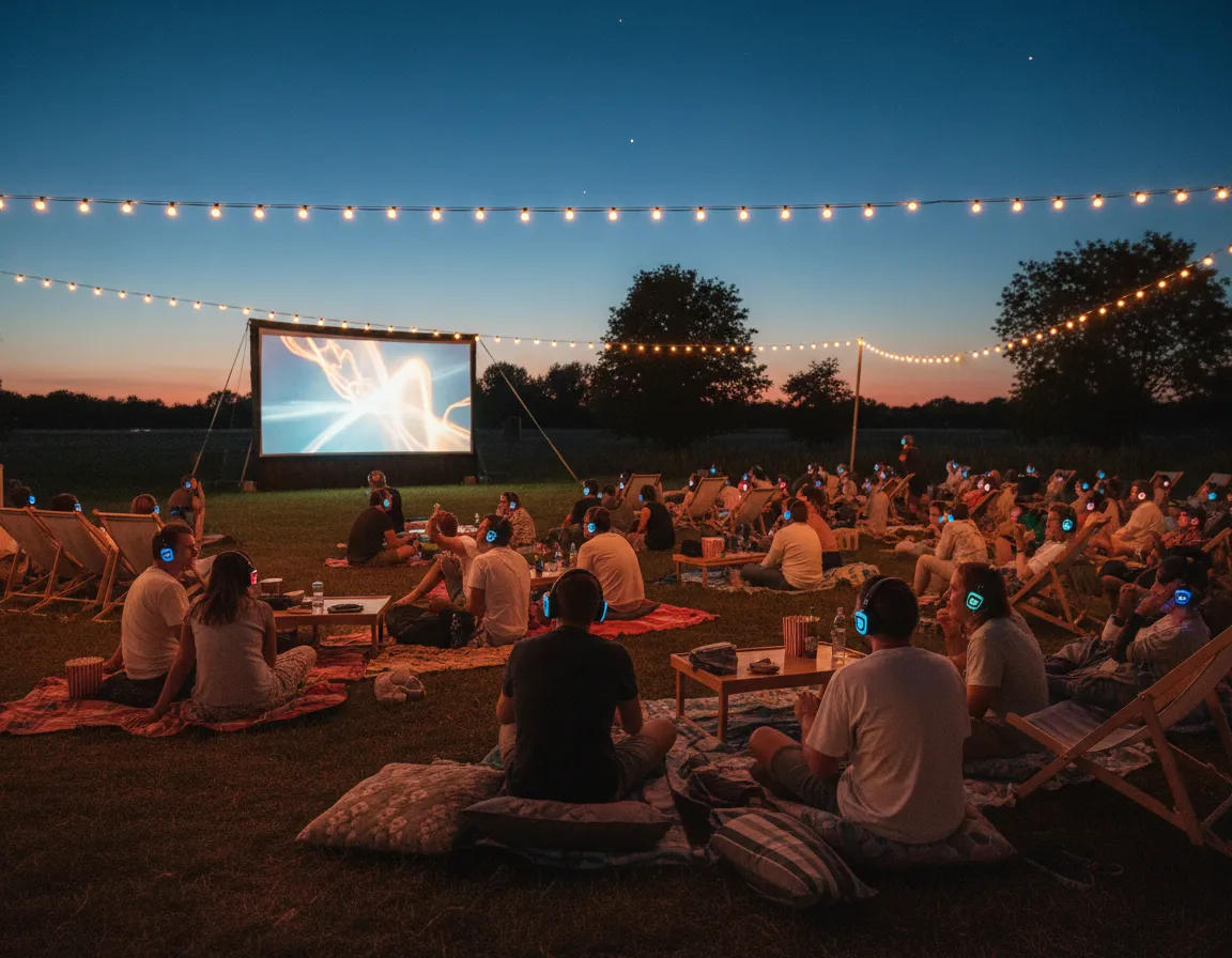 Letní kino venku, diváci sledují film s nasazenými silent disco sluchátky.