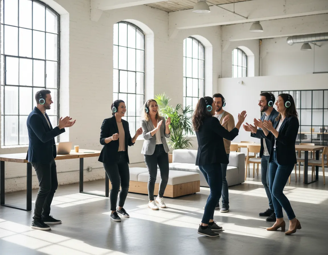 Firemní teambuilding, skupina kolegů se baví a tančí se silent party sluchátky.