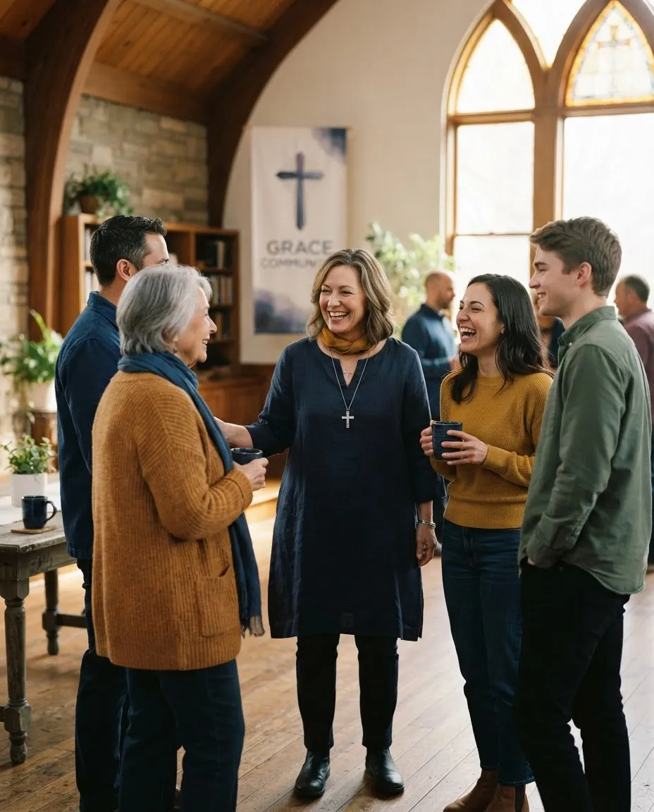 A warm and peaceful scene of a church leader listening attentively and connecting with members of their local congregation in an airy, sunlit space