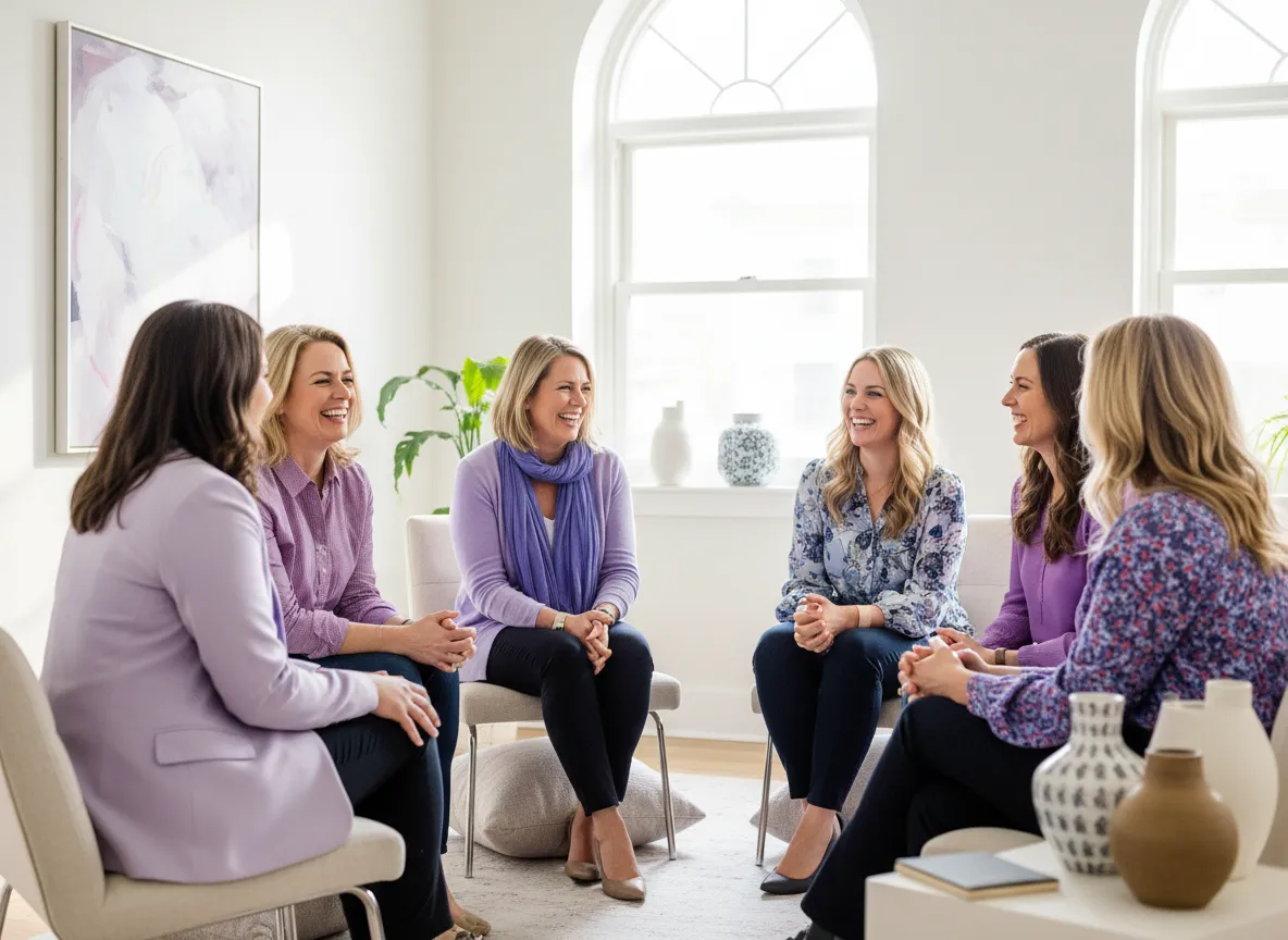 Grupo de mujeres sonriendo en comunidad de apoyo