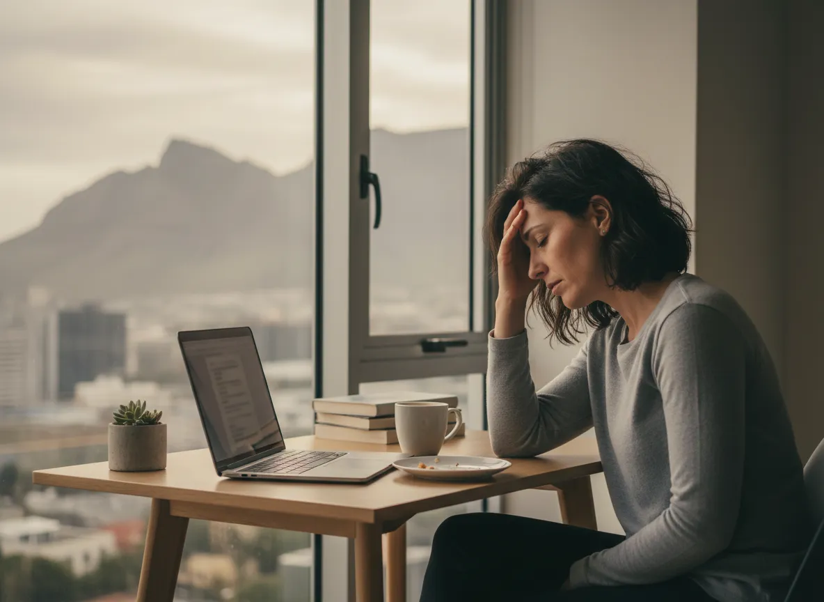 Busy professional in Cape Town looking tired at a laptop with coffee cup nearby