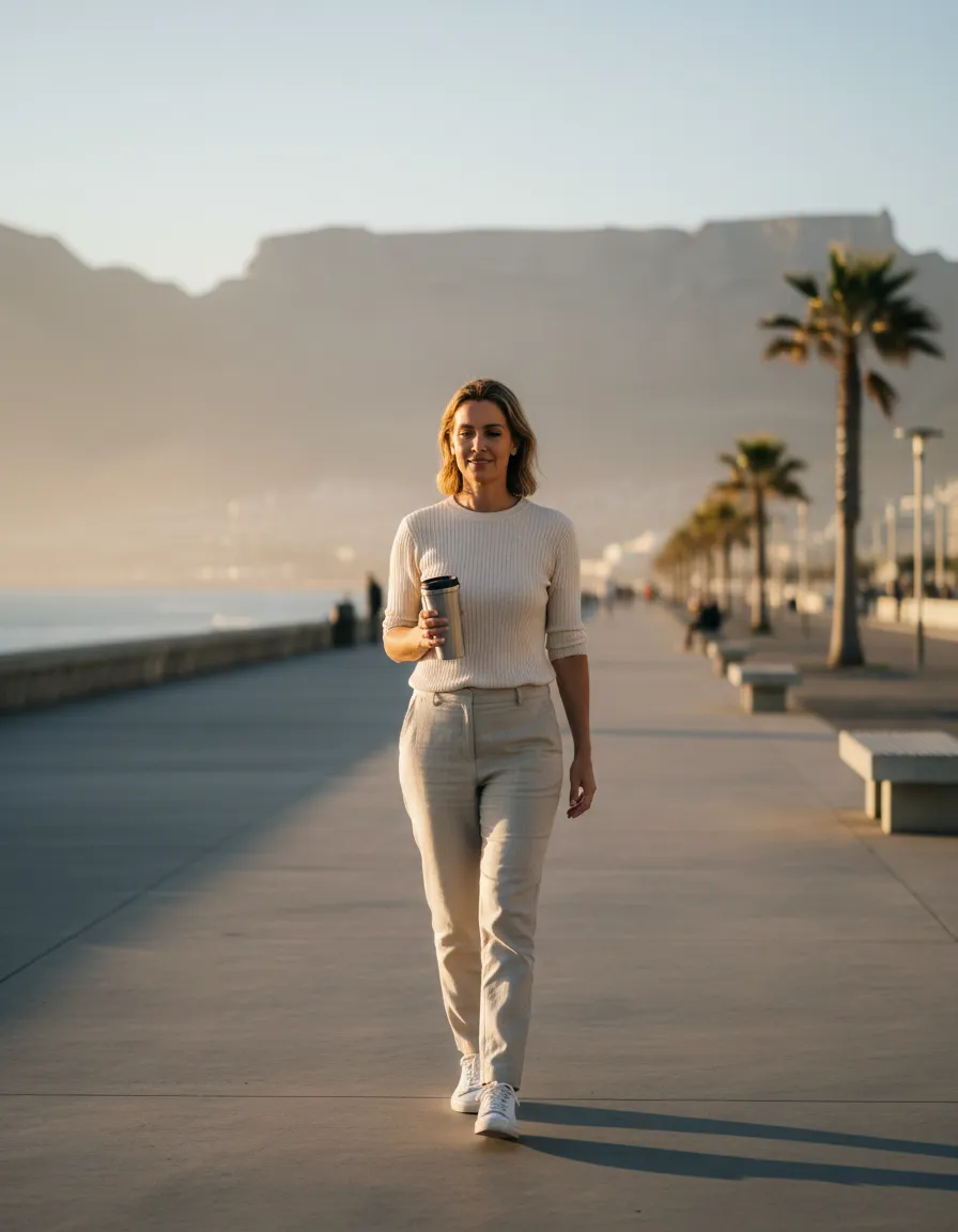 Soft Cape Town morning light over the ocean with a person walking and coffee cup in hand