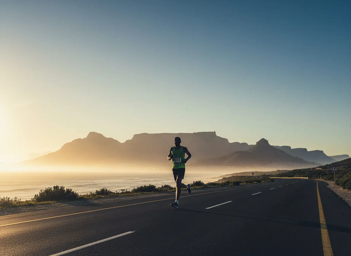Runner at sunrise with Table Mountain in the background