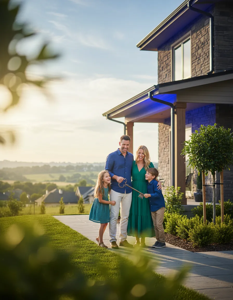 Smiling family standing outside their new home