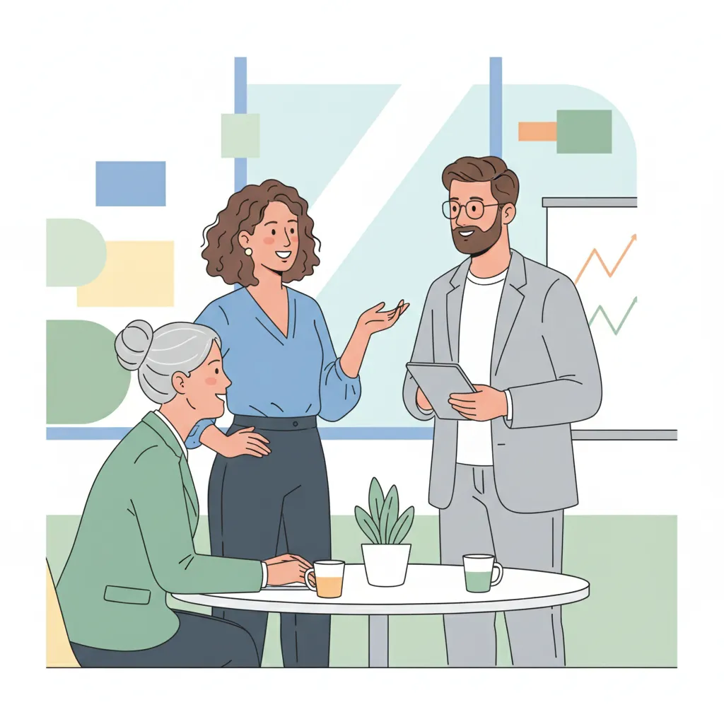 Deux consultants bien-être discutent avec un responsable RH dans une salle de réunion moderne, ambiance conviviale, style illustratif vectoriel, diversité de genre et d’âge, arrière-plan épuré, composition centrée.