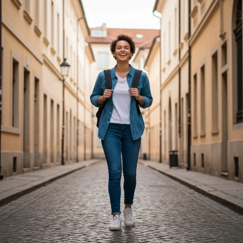 Étudiant souriant avec sac à dos voyageant à l'étranger
