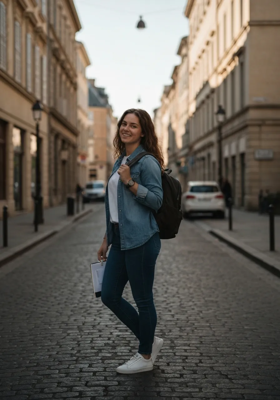 Étudiant avec sac à dos dans une ville européenne