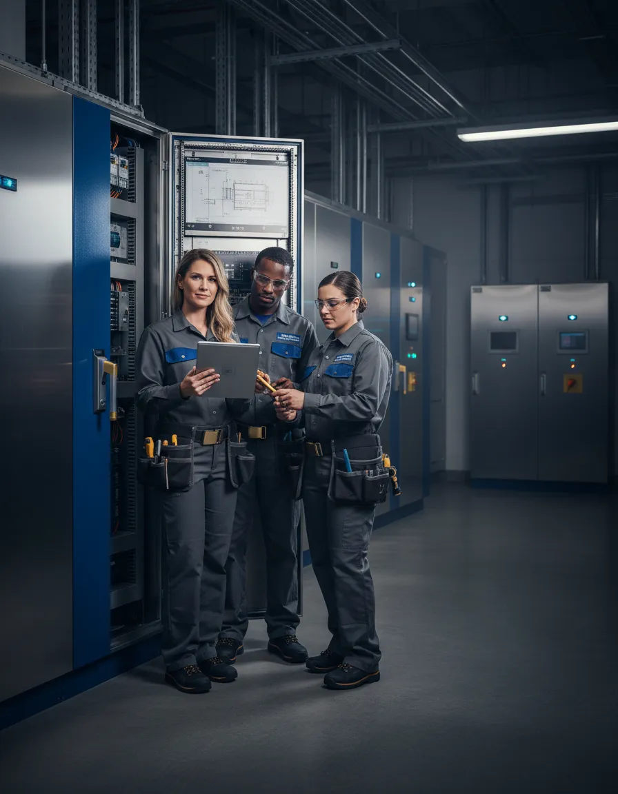 Proud Electric founder and team on a high-end industrial job site