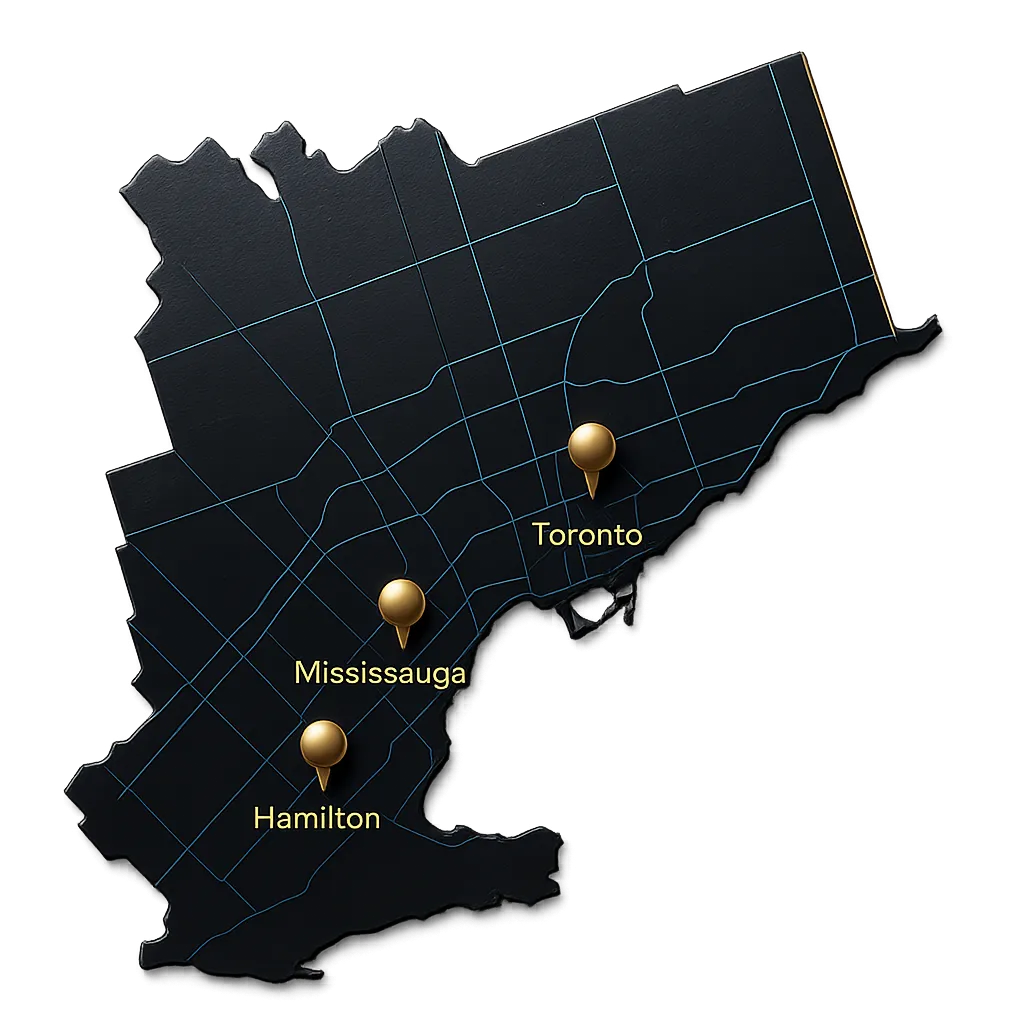 Charcoal Service Area Map Panel highlighting the Greater Toronto Area with gold pins